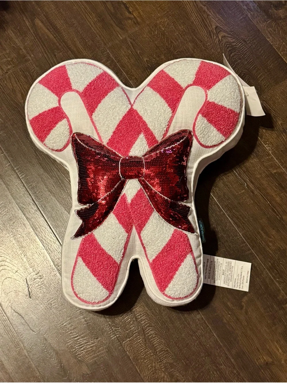 Holiday Candy Cane Bow Accent Pillow - Pink & White